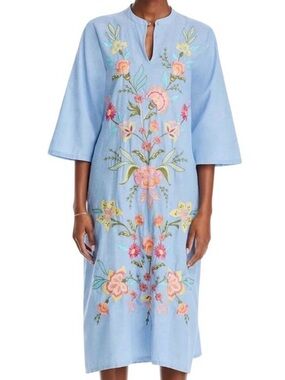 Johnny Was “Camellia” Light Blue Embroidered Floral Cotton Dress Size Small